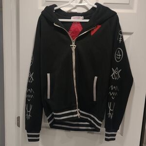 Black Zip-Up Hoodie with White Symbols
